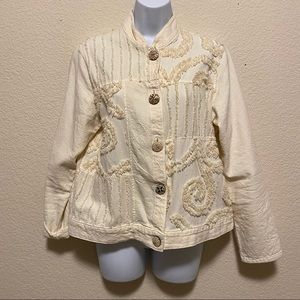 Produce Company Frayed Embroidered Cream Textured Women's Jacket Medium